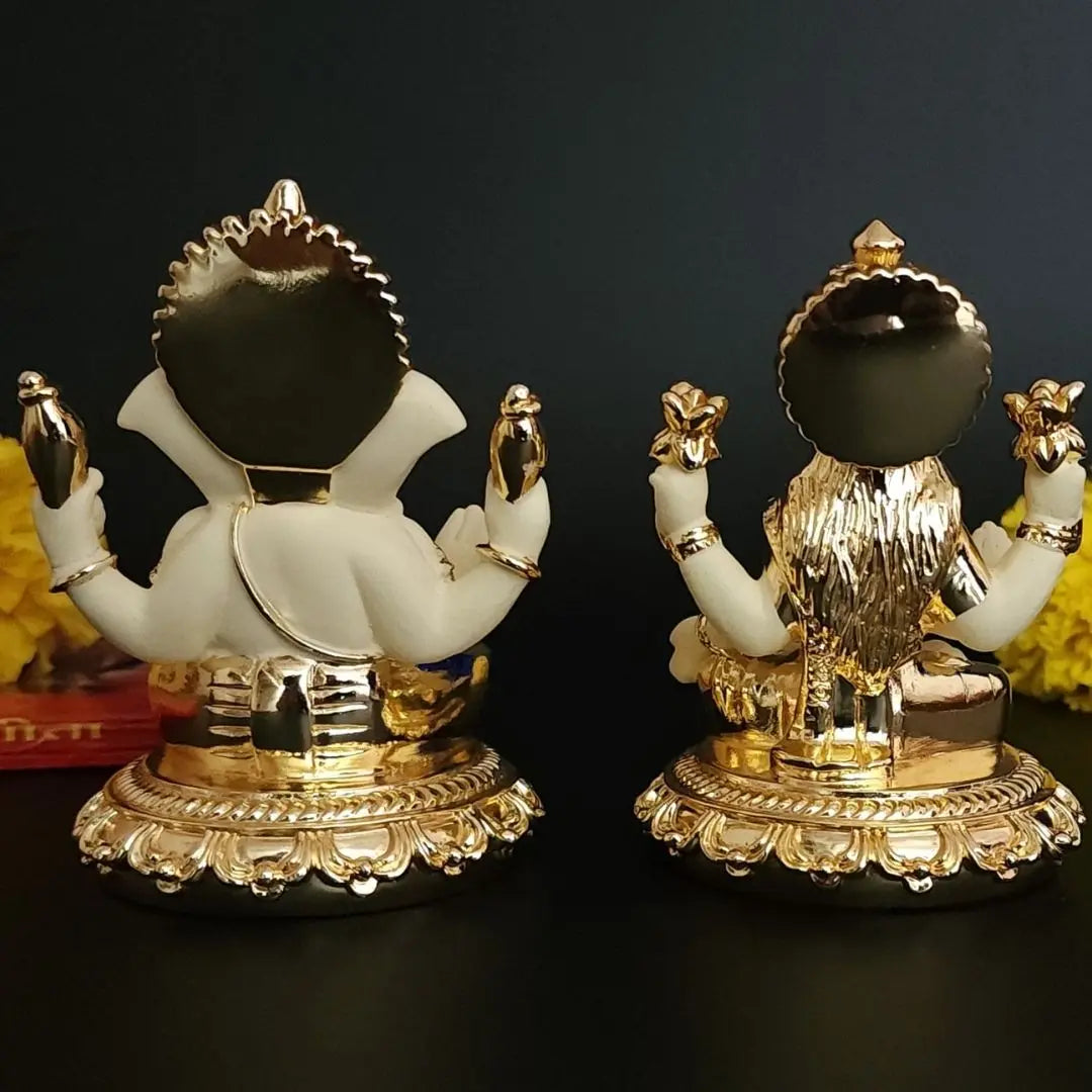 Laxmi Ganesh Gold Plated Off White Terracotta Idol 3.7 inch