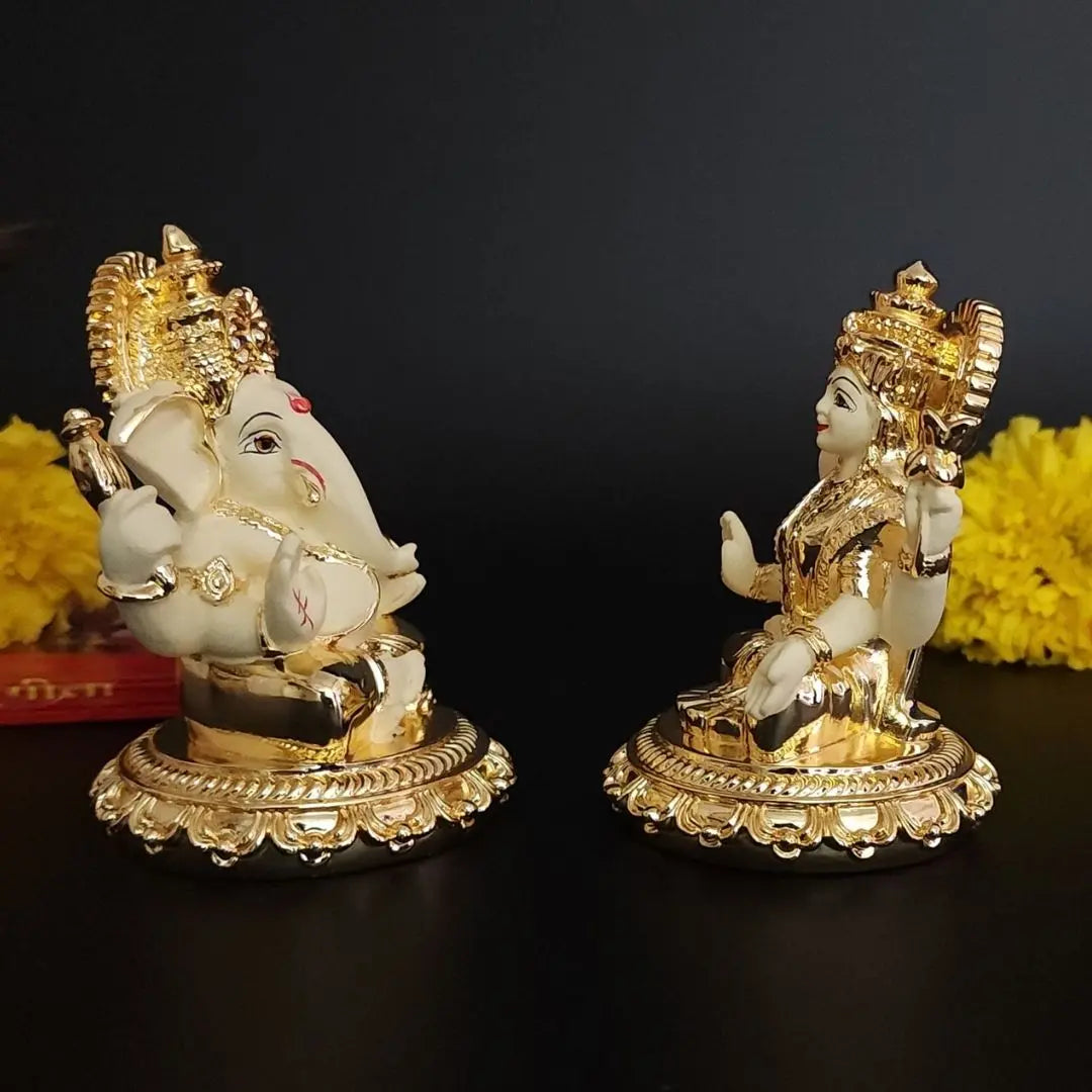 Laxmi Ganesh Gold Plated Off White Terracotta Idol 3.7 inch