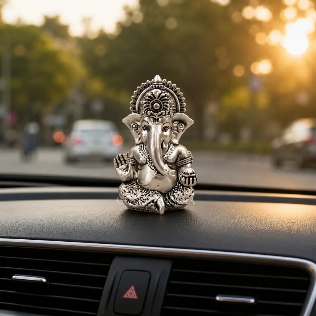 Gold Art India Ganesh Idol 999 Silver Plated Antique Matte Finish | 3 x 2 Inch Polyresin Ganesha Murti with Peacock Blue Velvet Gift Box | Home Temple, Office Desk & Spiritual Gift