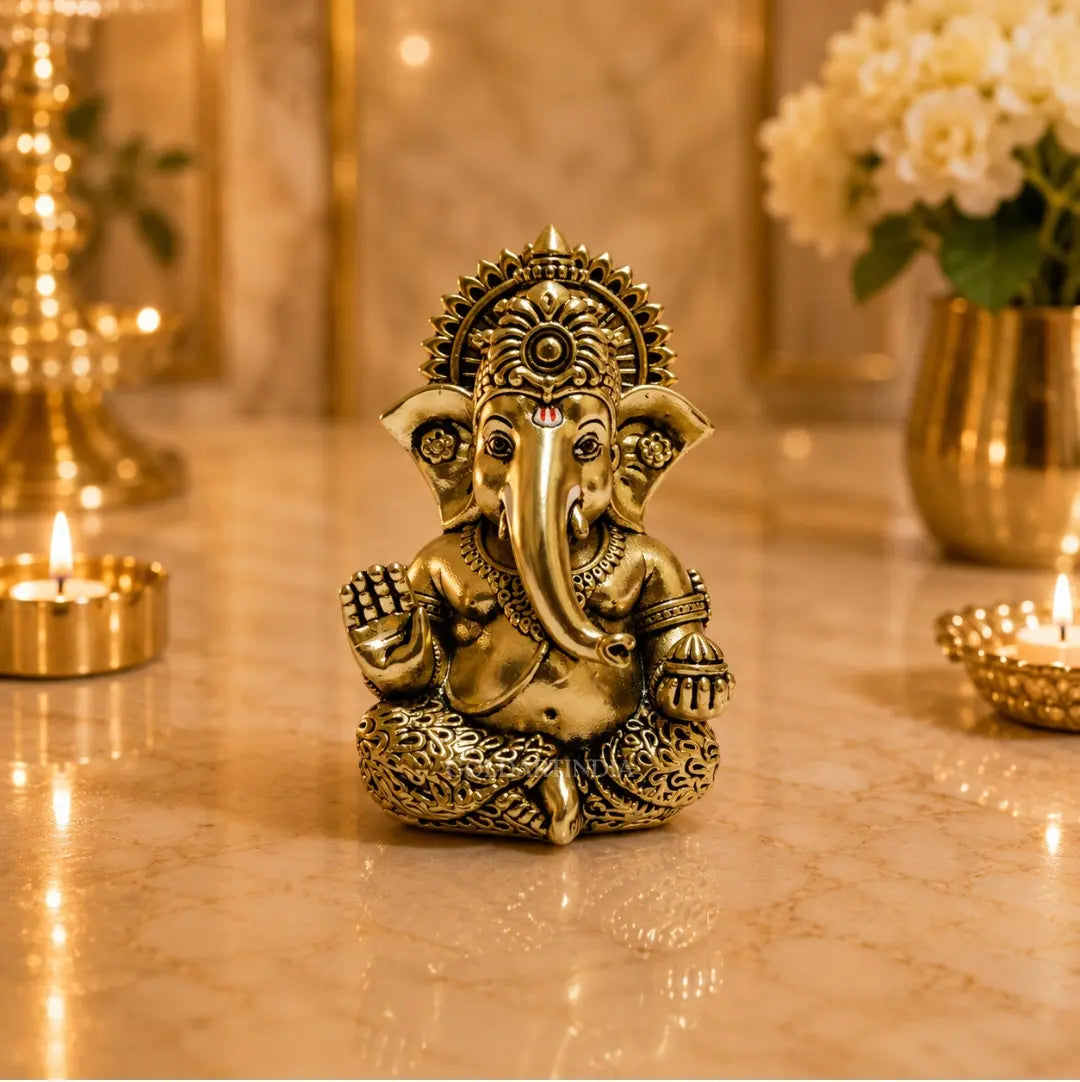 Gold Art India Ganesh Idol – Gold Antique Matte Finish with Peacock Blue Velvet Gift Box | 3 x 2 Inch