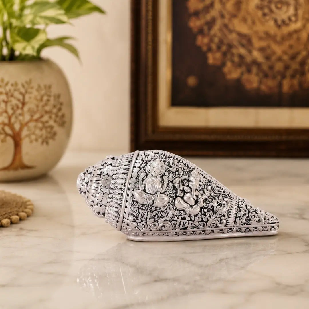 Silver Antique Matte Lakshmi Ganesh Shankh – top view showing full engraving detail in antique matte finish – Gold Art India #color_SILVER ANTIQUE MATTE