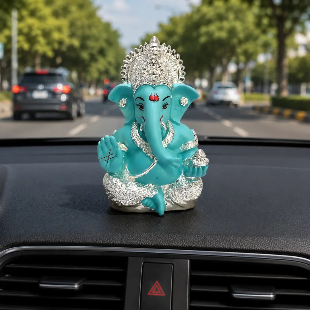 Gold Art India 999 Silver Plated Ganesha Idol | Fountain Blue Terracotta Finish | 3.5 Inch Ganpati Murti for Car Dashboard, Home Decor & Gifting