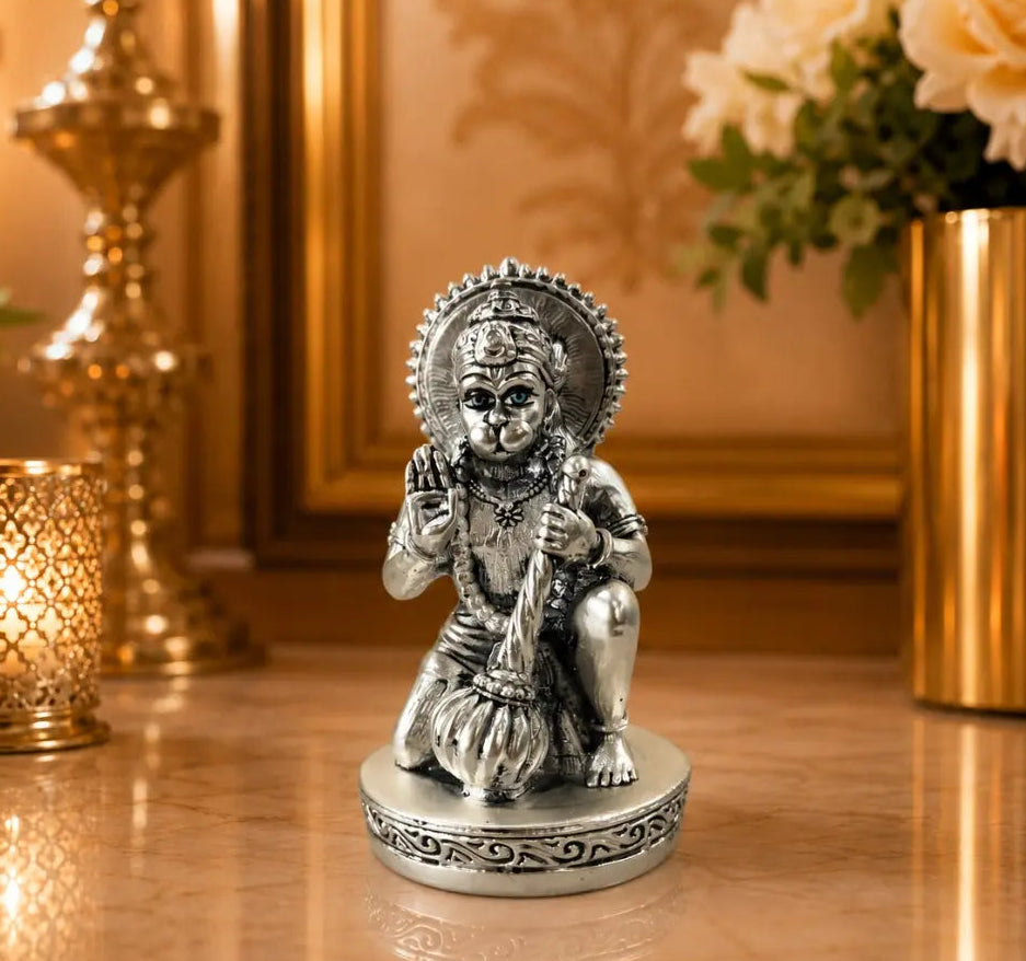 999 Silver Plated Hanuman Idol – 2.8 Inch Antique Matte Finish | Bajrangbali Murti with Premium Velvet Gift Box