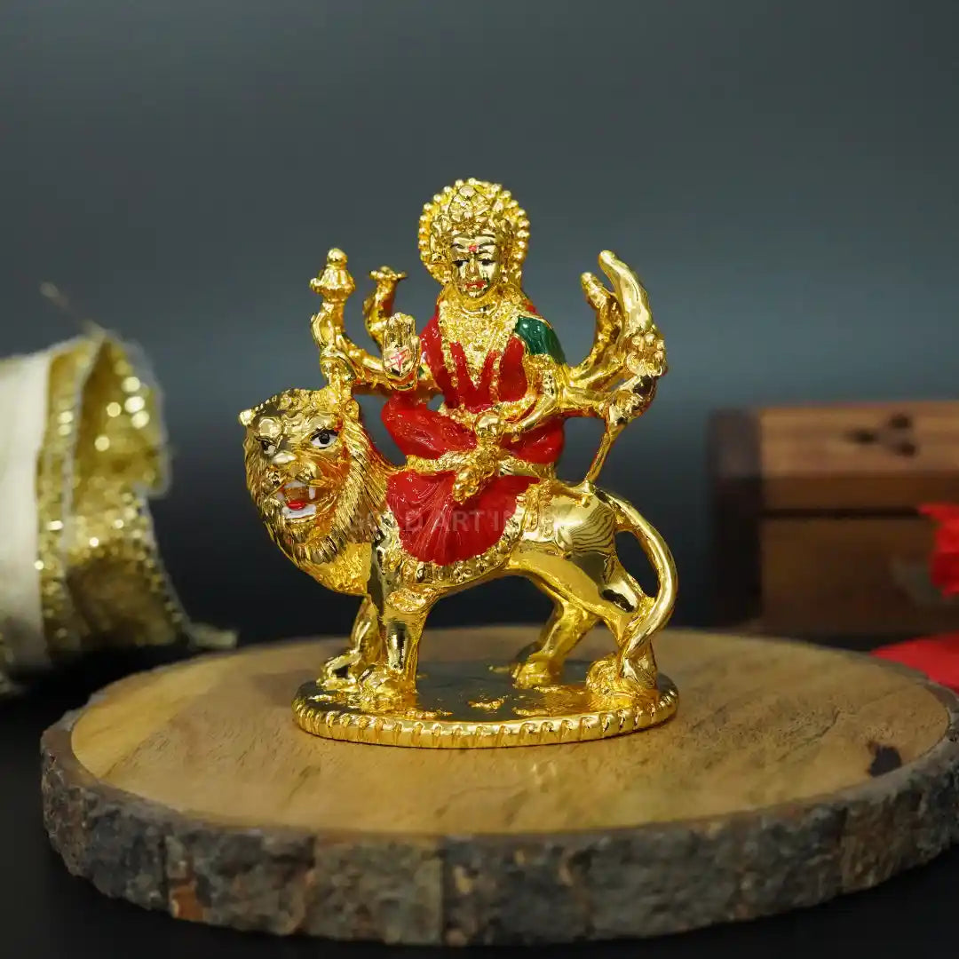 Gold Plated Ambe MATA Idol – 3.6 Inch Goddess Durga Murti with Red & Green Attire on Lion | Gold Art India