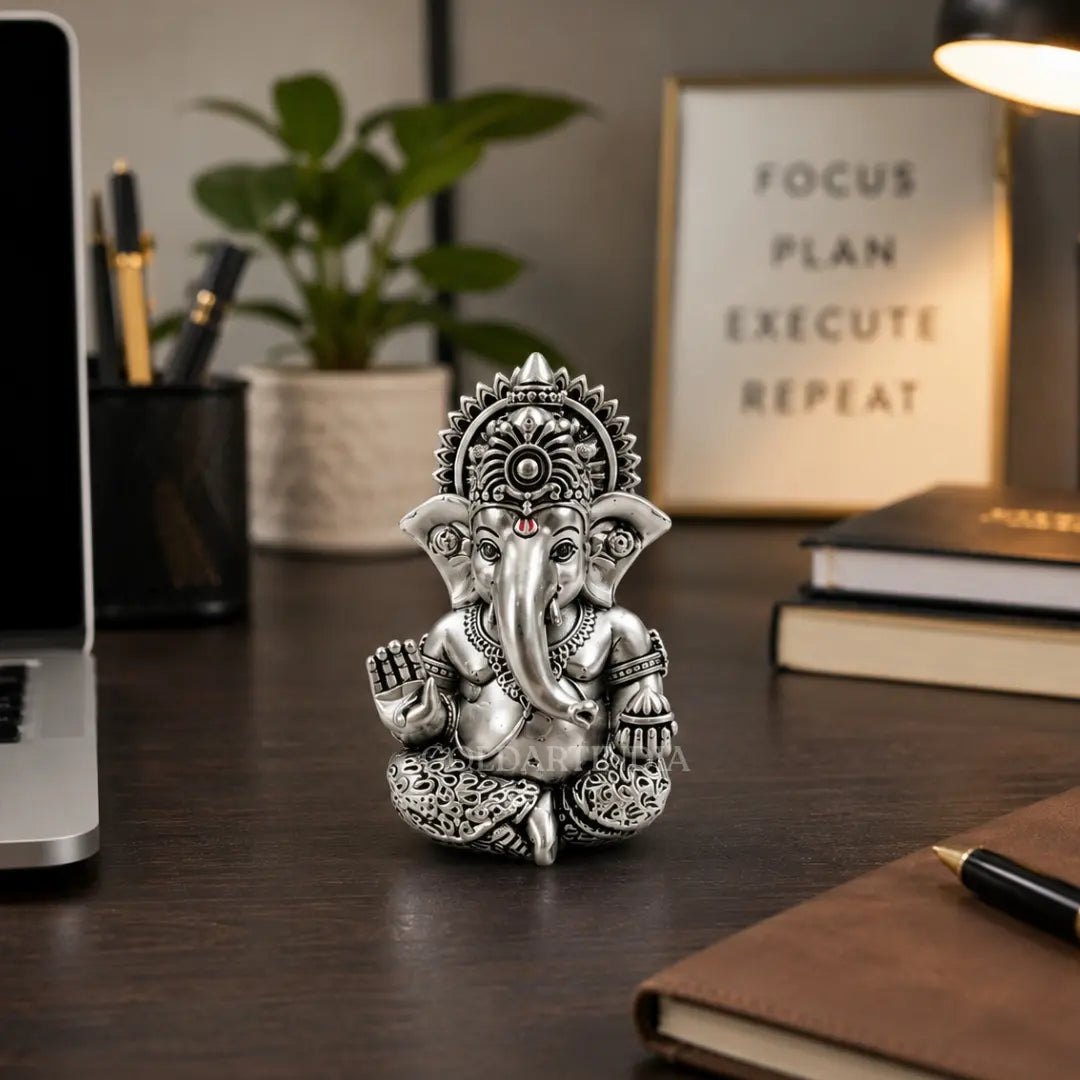 Gold Art India Ganesh Idol 999 Silver Plated Antique Matte Finish | 3 x 2 Inch Polyresin Ganesha Murti with Peacock Blue Velvet Gift Box | Home Temple, Office Desk & Spiritual Gift