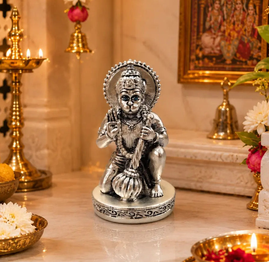 999 Silver Plated Hanuman Idol – 2.8 Inch Antique Matte Finish | Bajrangbali Murti with Premium Velvet Gift Box