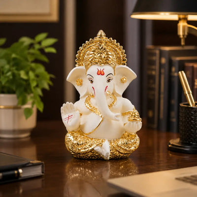 Ceramic Ganesha Idol – Gold Plated | Car Dashboard, Home Decor & Office Gift