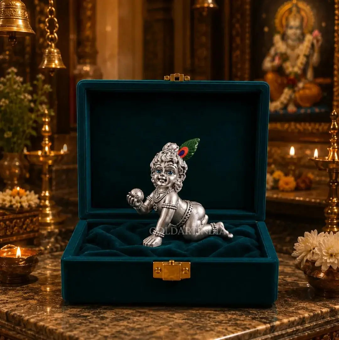 Gold Art India Laddu Gopal Idol | Silver Plated Matte Finish | Premium Velvet Gift Box (3.5 Inch)