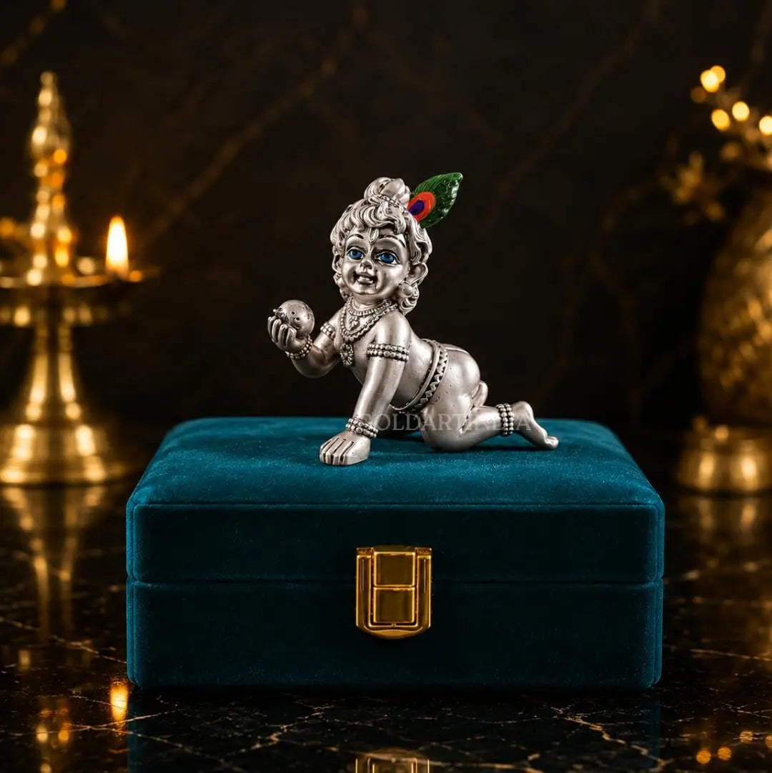 Gold Art India Laddu Gopal Idol | Silver Plated Matte Finish | Premium Velvet Gift Box (3.5 Inch)