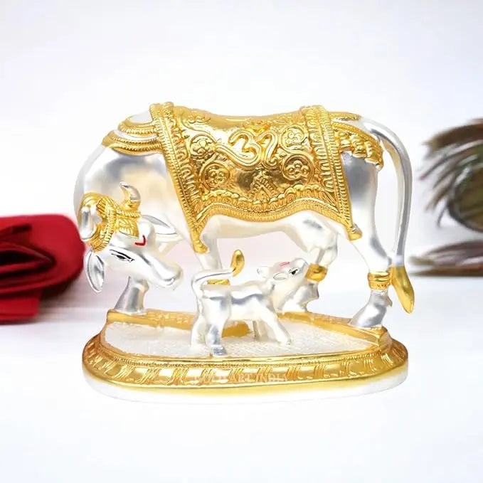 Kamdhenu Cow & Calf Idol โ Gold & Silver Plated for Vastu & Home Decor 4.5 inch | Gold art india