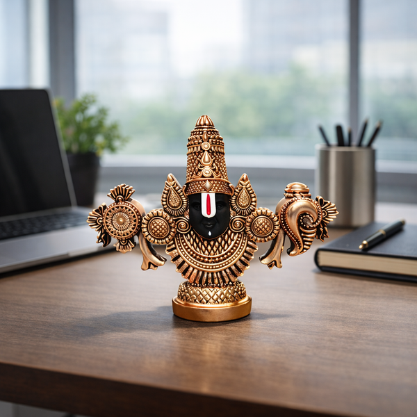 Lord Balaji Idol โ Copper-Plated Antique Matte Finish โ 3.5 Inch for Office, Pooja Room & Gifting - Gold Art India
