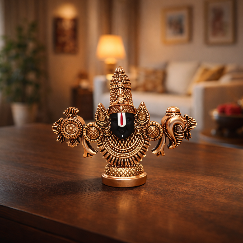 Lord Balaji Idol – Copper-Plated Antique Matte Finish – 3.5 Inch for Office, Pooja Room & Gifting - Gold Art India