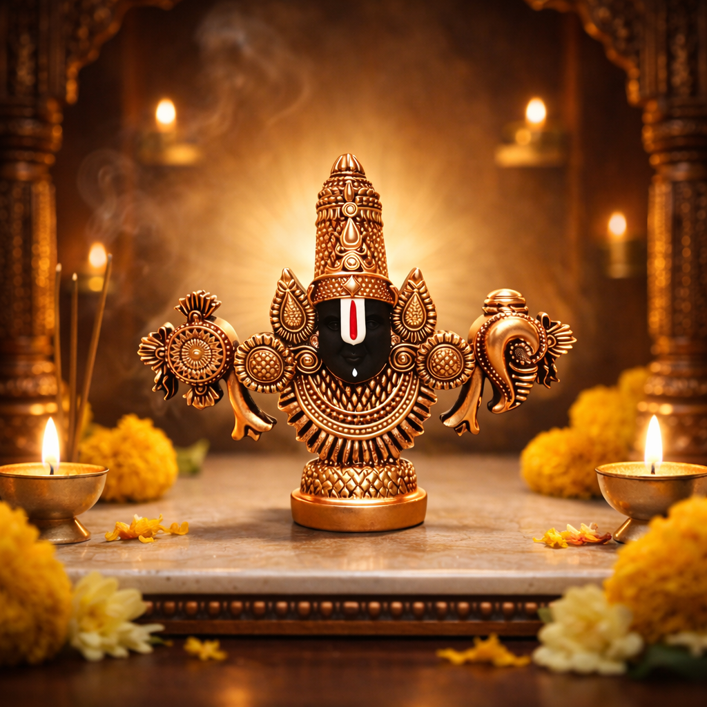 Lord Balaji Idol – Copper-Plated Antique Matte Finish – 3.5 Inch for Office, Pooja Room & Gifting - Gold Art India