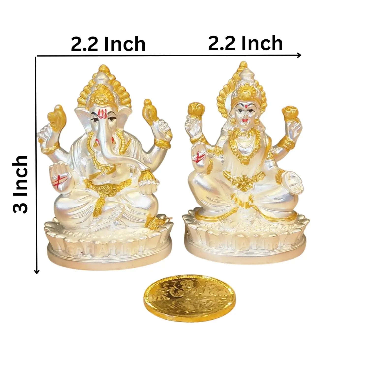 Silver-Plated Laxmi Ganesh Idol with Golden Detailing & Coin – 3 Inch | Gold Art India
