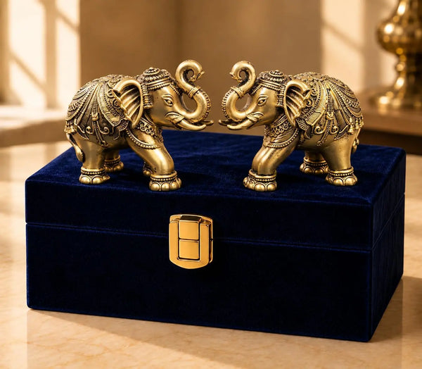 Gold Art India Elephant Pair Showpiece | 24KT Gold Plated Antique Matte Finish | 3-Inch Vastu Elephant Statues | Premium Blue Velvet Gift Box