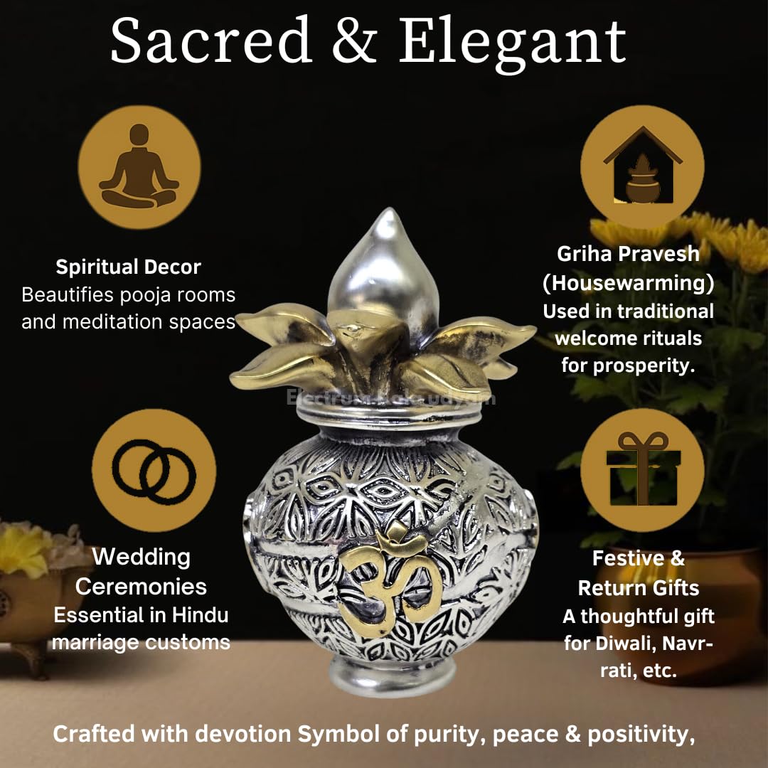 Bring prosperity home with antique matte silver plated puja kalash and gold-painted Om