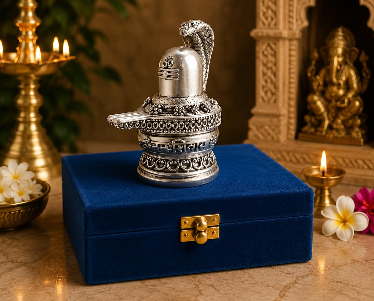 Gold Art India 999 Silver Plated Antique Shivling with Naag – 3 Inch Lord Shiva Shivling Idol