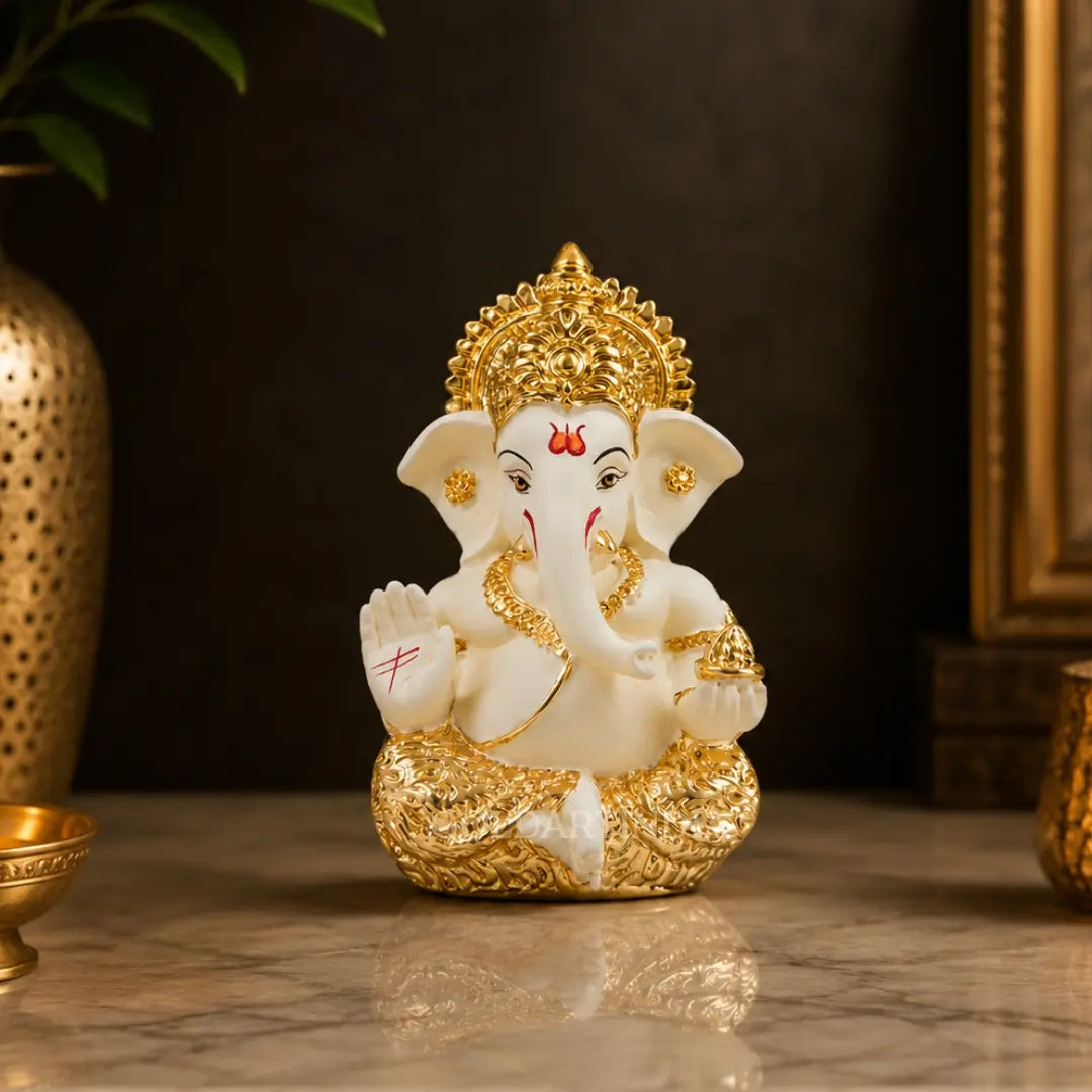 Ceramic Ganesha Idol – Gold Plated | Car Dashboard, Home Decor & Office Gift