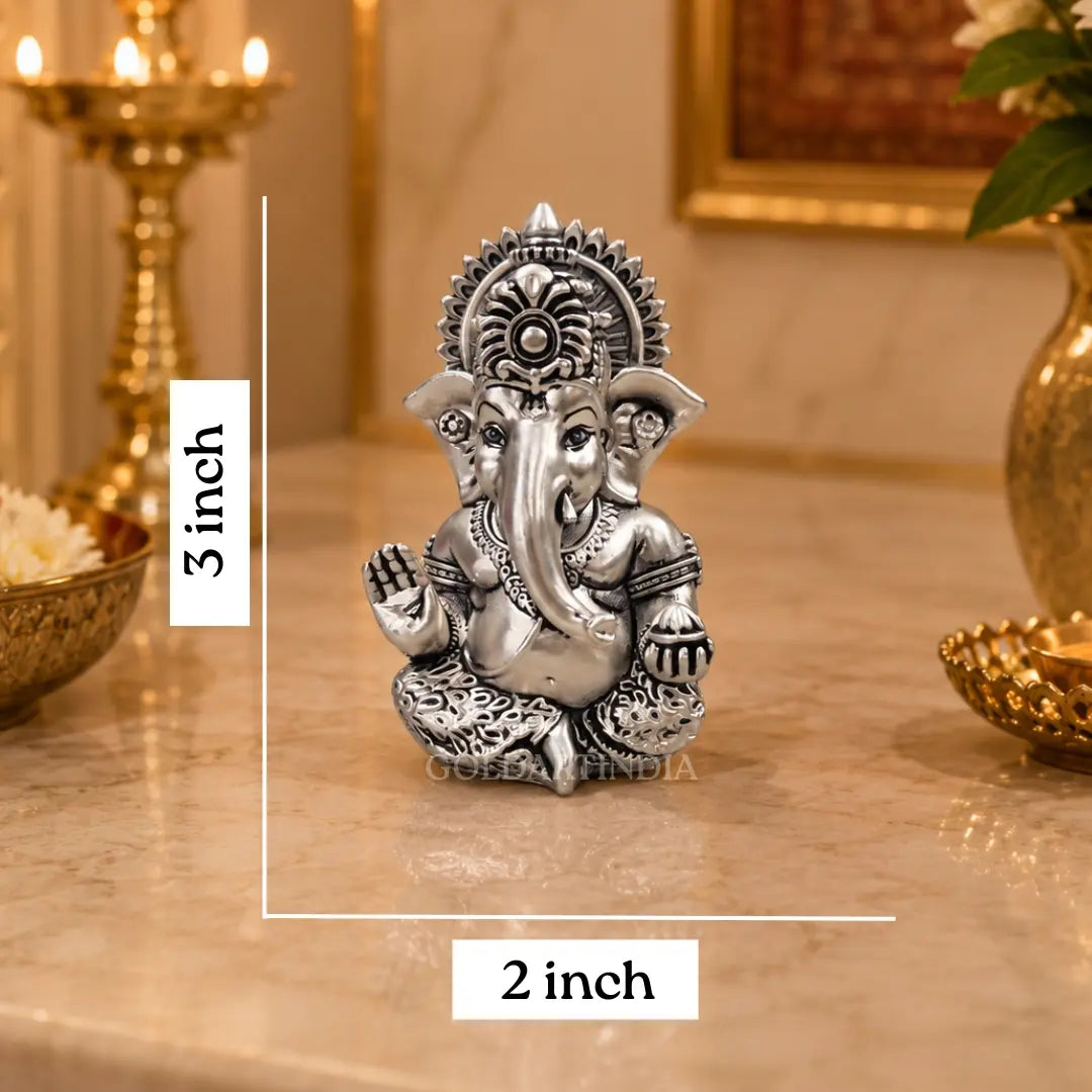 Gold Art India Ganesh Idol 999 Silver Plated Antique Matte Finish | 3 x 2 Inch Polyresin Ganesha Murti with Peacock Blue Velvet Gift Box | Home Temple, Office Desk & Spiritual Gift
