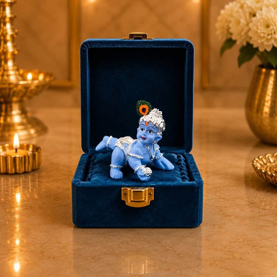 Laddu Gopal Idol (2.5 Inch) | Silver Plated Bal Krishna Murti with Premium Velvet Gift Box for Home Temple, Home Décor & Spiritual Gift
