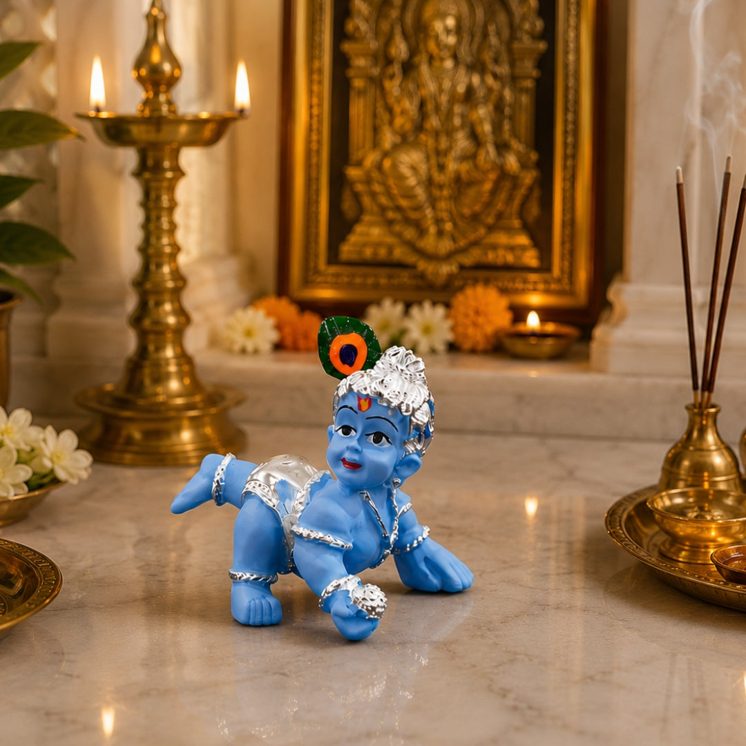 Laddu Gopal Idol (2.5 Inch) | Silver Plated Bal Krishna Murti with Premium Velvet Gift Box for Home Temple, Home Décor & Spiritual Gift