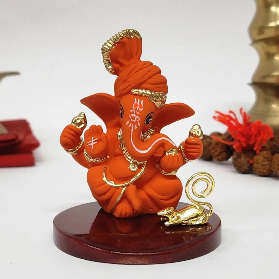 Orange Terracotta Pagadi Ganesh Idol (3") with Gold-Plated Mooshak – Premium Ganesha Murti for Home Temple, Office Desk & Car Dashboard
