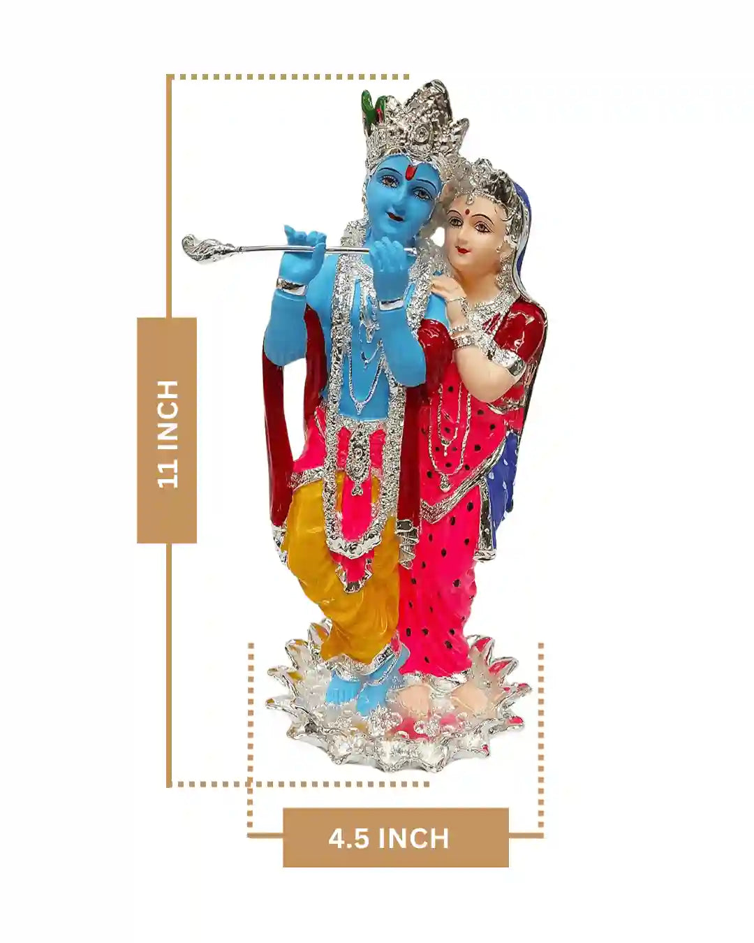 Silver plated Radha Krishna idol, 11 inches tall, beautifully detailed, perfect for gifts and decor.