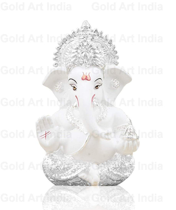 LORD GANESHA : Silver Plated White terracotta Finish Ganesha Idol | Office Decor| Car & Home Decor | Perfect Gift