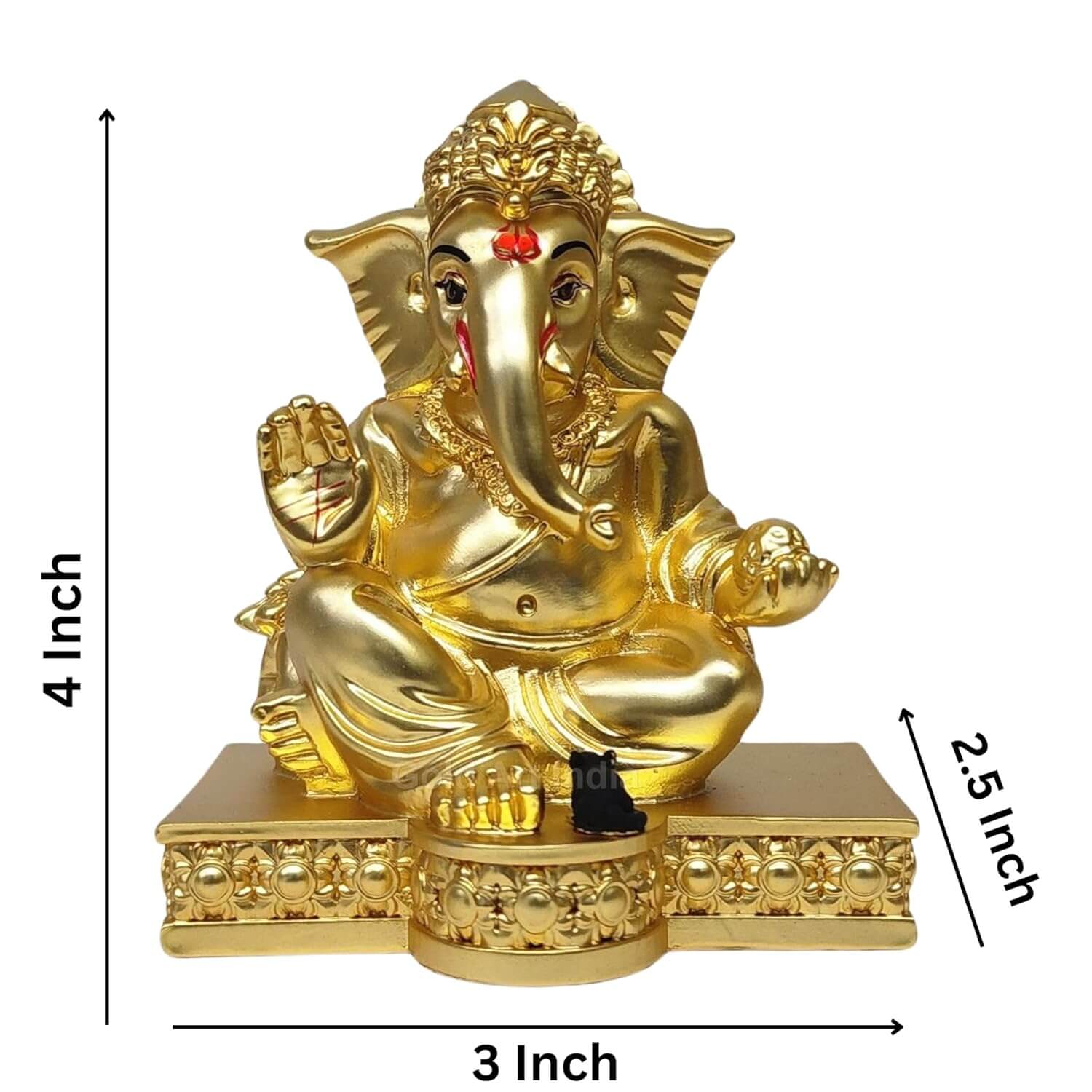 Image of a gold-plated Ganesha idol showing its dimensions: 4 inches in height and 3 inches in width.