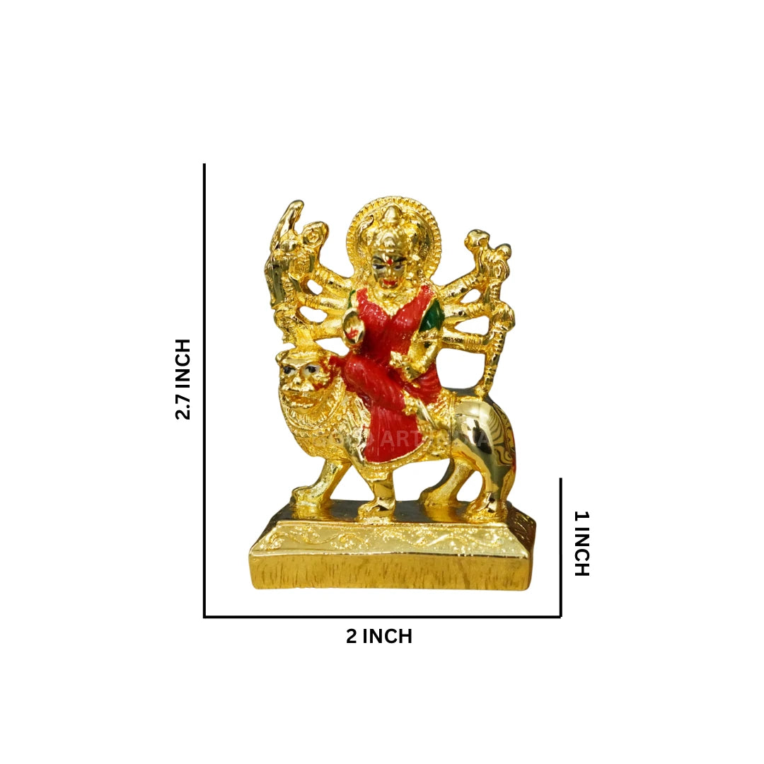 Small Ambe Maa Idol riding lion, electroplated gold with multicolour finish – dimensions 2.7 × 2 × 1 inch |
