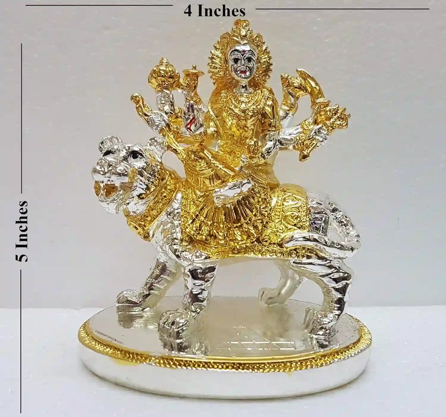 5-inch Ambe Mata Resin Idol with multicolour detailing, shown with size reference – compact handcrafted Hindu deity statue | Gold Art India