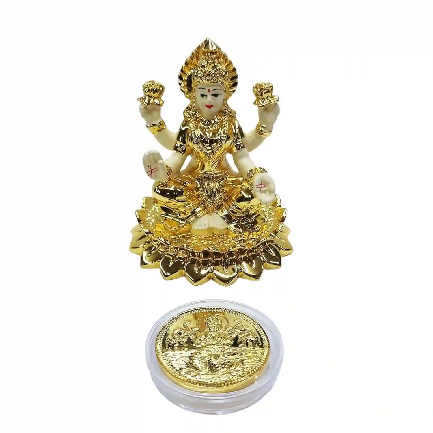 Angled view of Gold Plated Kamal Laxmi Idol with intricate terracotta detailing and coin | Gold Art India
