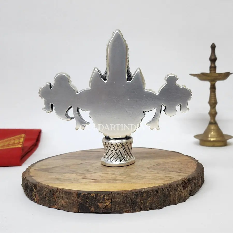 Antique Silver-finish Lord Balaji idol with black face placed on a wooden base.back view4.5 inch