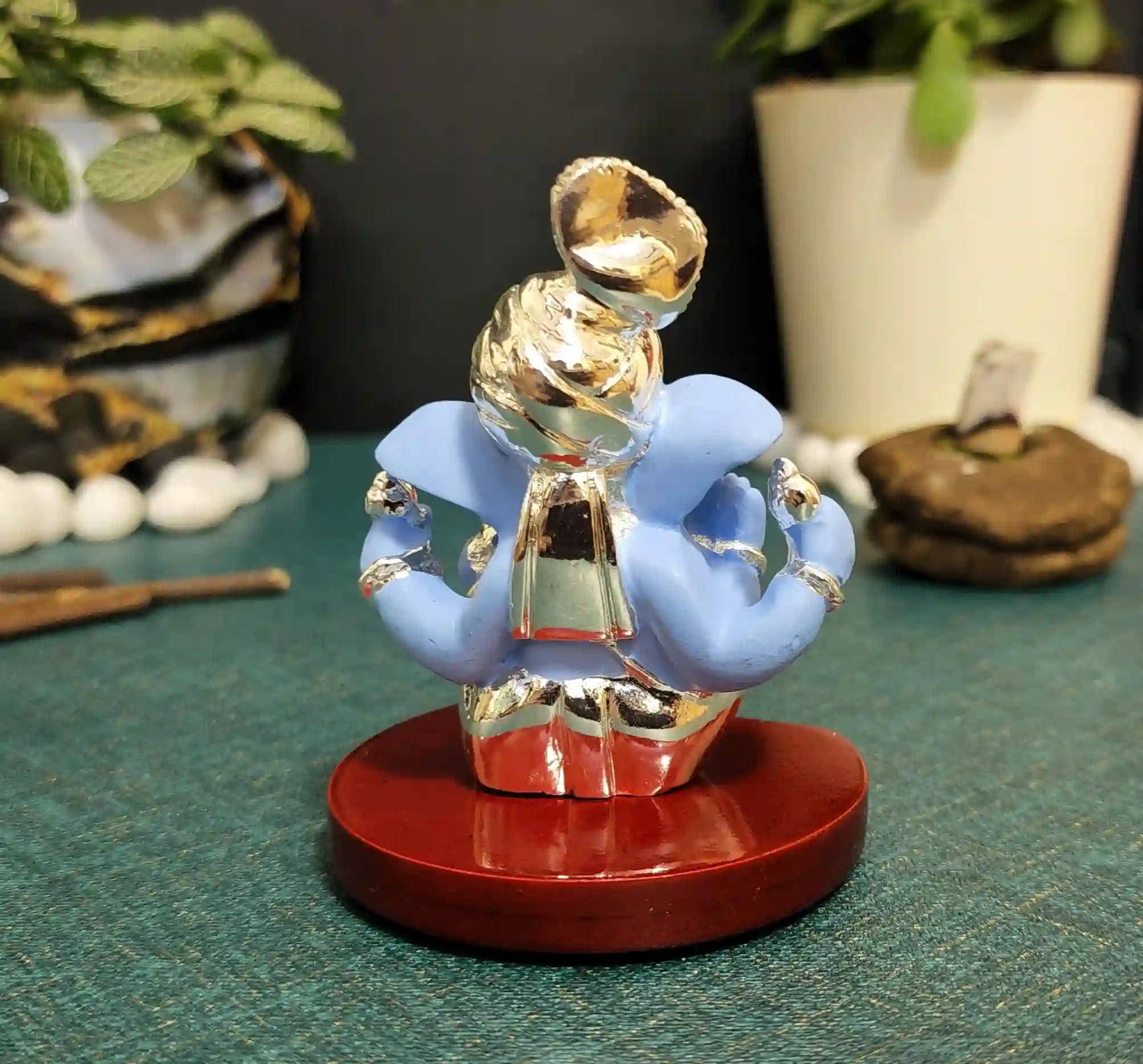 Back view of Blue Pagadi Ganesh Idol with silver plating – 3 inch height, durable MDF base with double-sided tape for sturdiness.