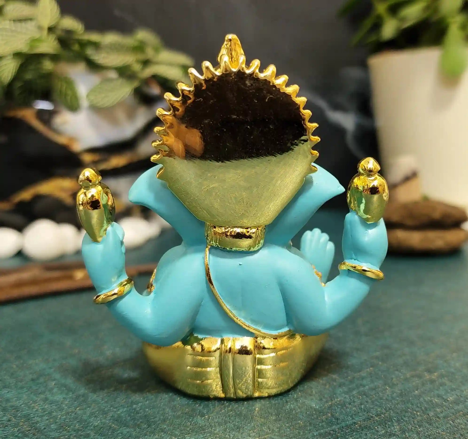 Back view of FluroGreen & Gold Ganesh Idol – handcrafted polyresin statue with fine finish, suitable for puja and festive décor.