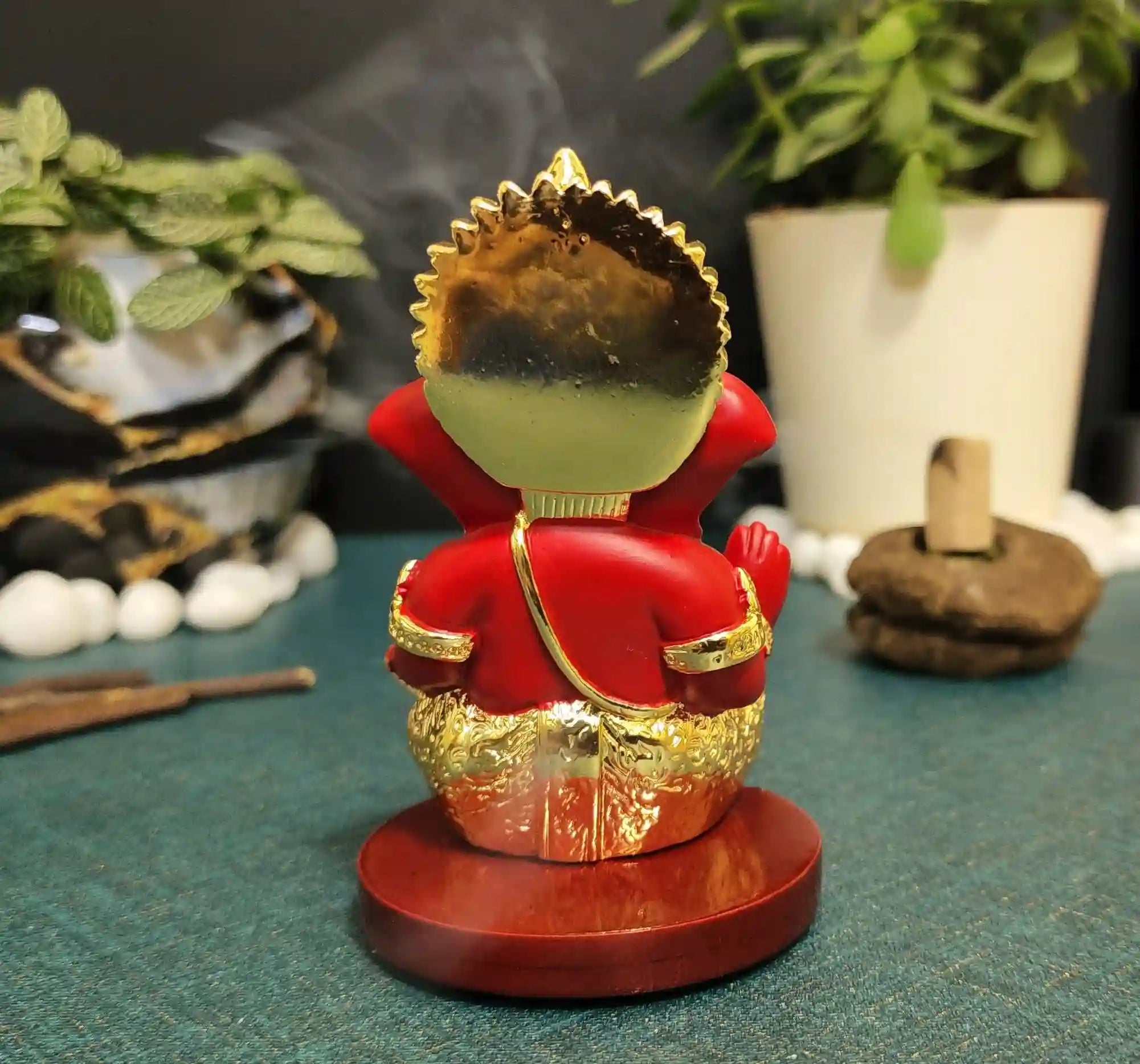 Back View of Red Finish Ganesh Murti – Handcrafted Polyresin Idol with Wooden Base, 3.5 Inch Height.