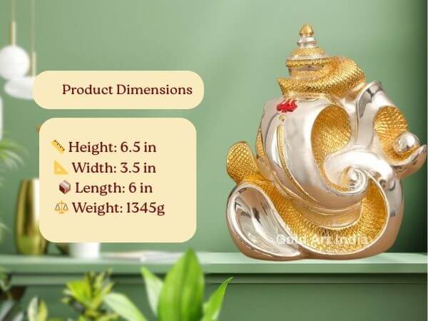 gold and silver plated Ganesha idol with product dimensions listed: Height 6.5 in, Width 3.5 in, Length 6 in, Weight 1345g."