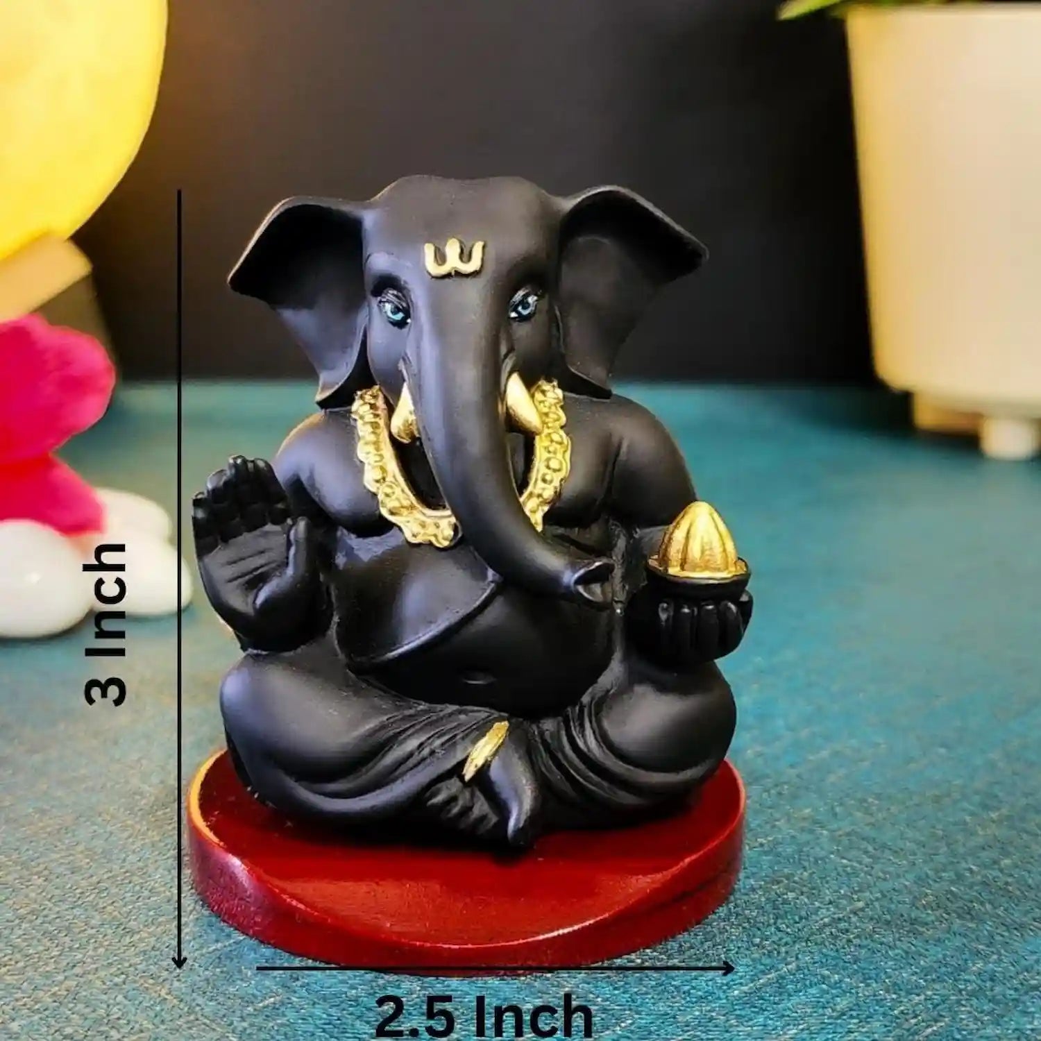 Black Terracotta Finish Ganesha Idol with Golden Detailing on Wooden Base – 3 inch × 2.5 inch