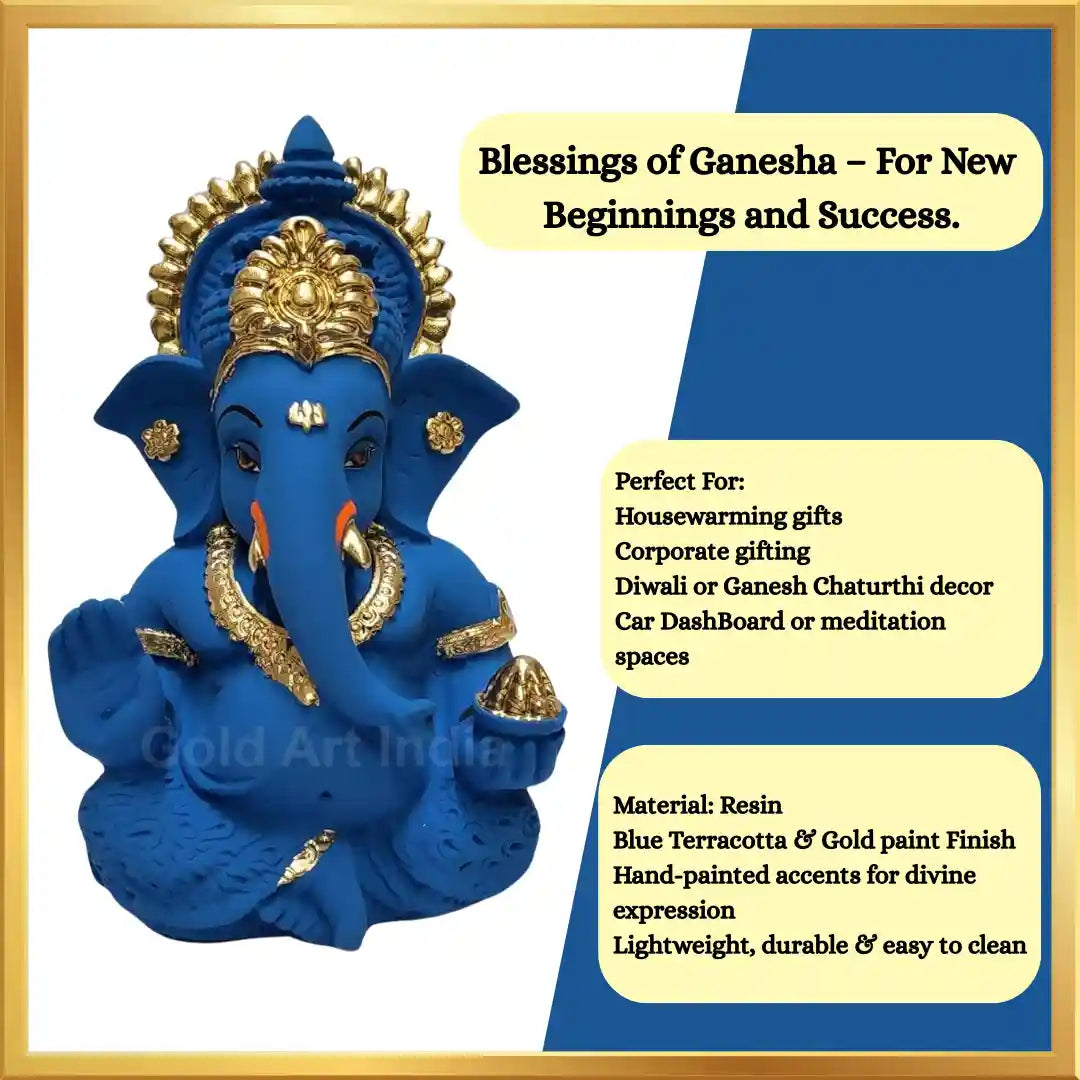 mango terracotta Ganesha idol with Gold detailing, seated in a blessing posture, holding a modak in one hand. back view with describtion
