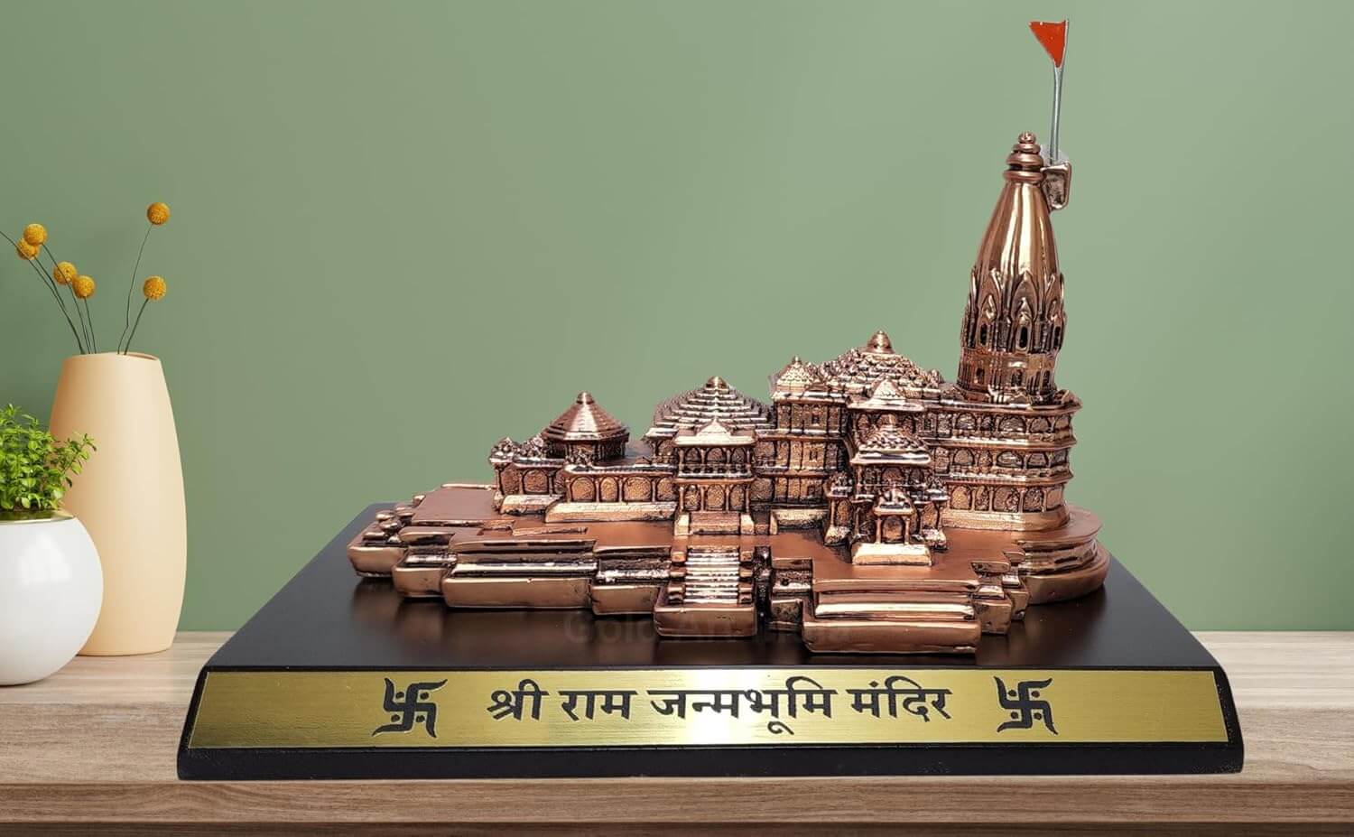 Side angle of handcrafted Ram Mandir temple model for home decor
