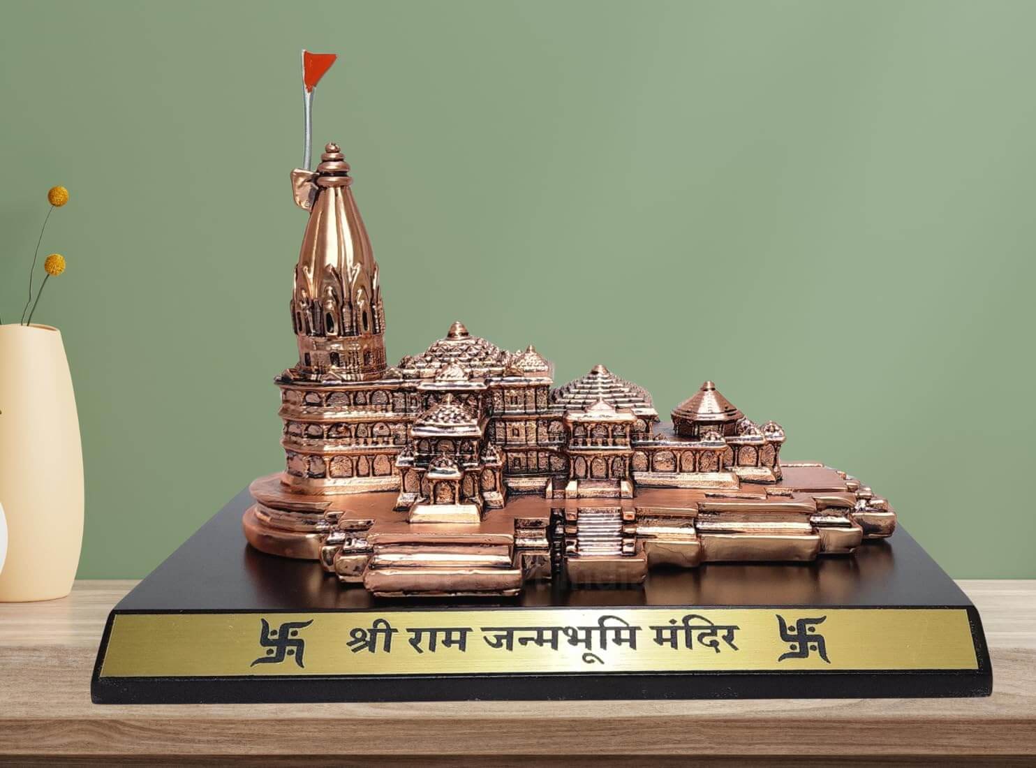 Front view of Ayodhya Ram Mandir miniature in copper antique finish