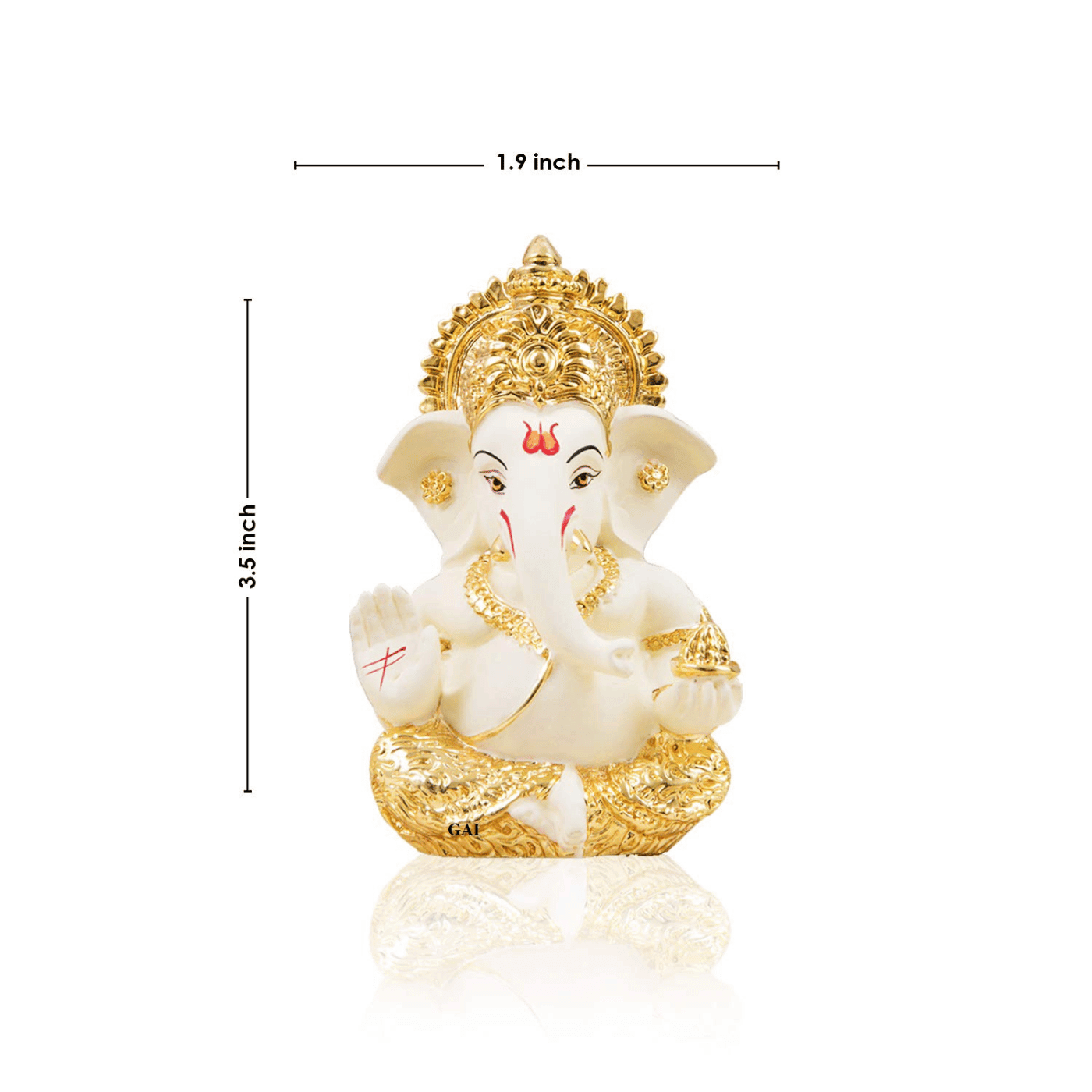 A Ceramic and gold Plated Ganesha idol with dimensions labeled as 3.5 inches tall and 1.9 inches wide.