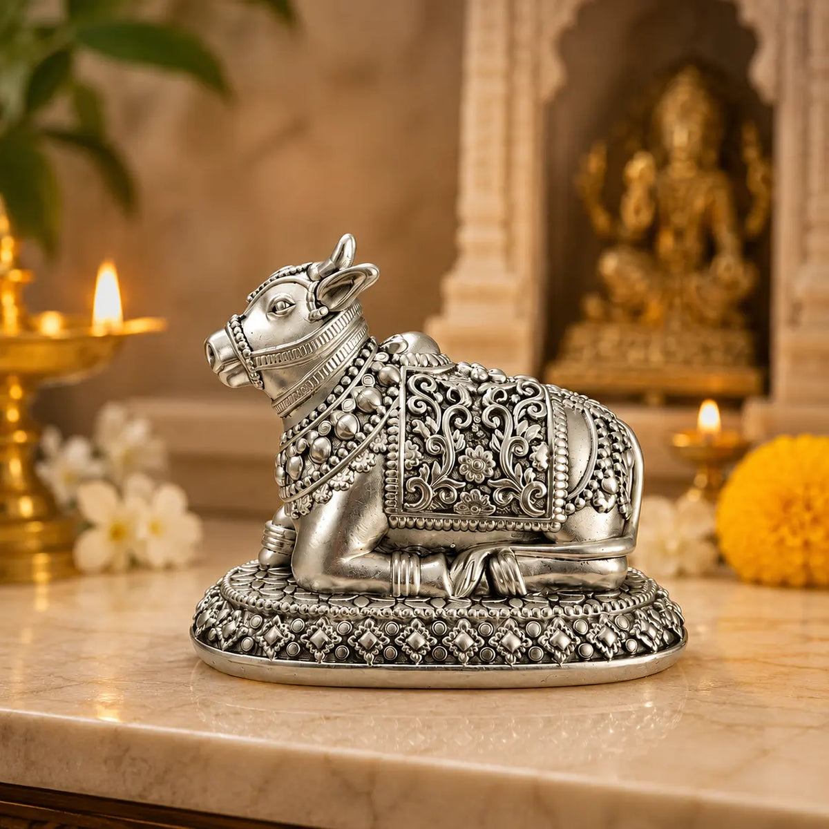 999 Silver Plated Antique Nandi Ji Idol – 3 Inch | Nandi Maharaj Murti for Home Temple & Pooja Room | Lord Shiva Sacred Bull Statue