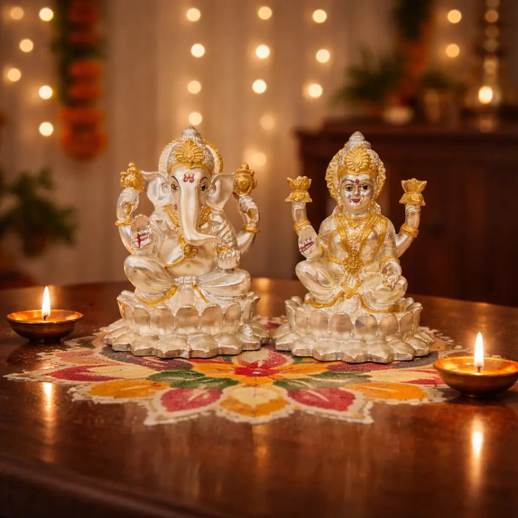 Kamal Laxmi Ganesh silver matte idol – Diwali display – Gold Art India