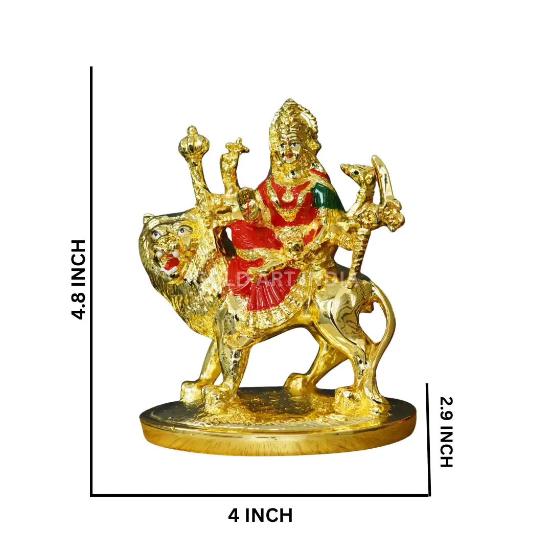 Gold Plated Maa Durga Idol with red enamel dress on lion, handcrafted Hindu deity statue – size reference