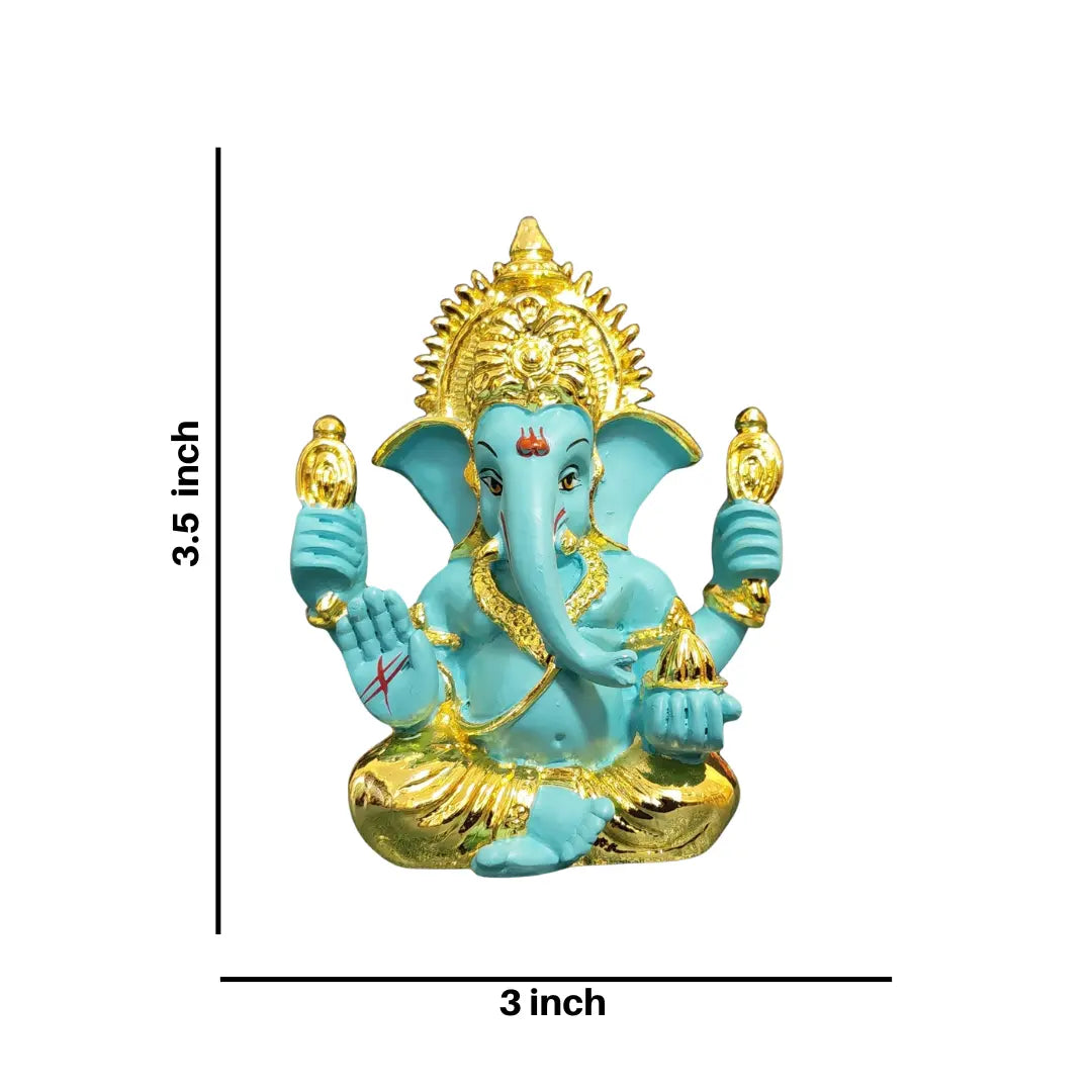 FluroGreen & Gold Plated Ganesh Idol – 3.5 inch handcrafted murti with intricate detailing, ideal for car dashboard, puja, and gifting.