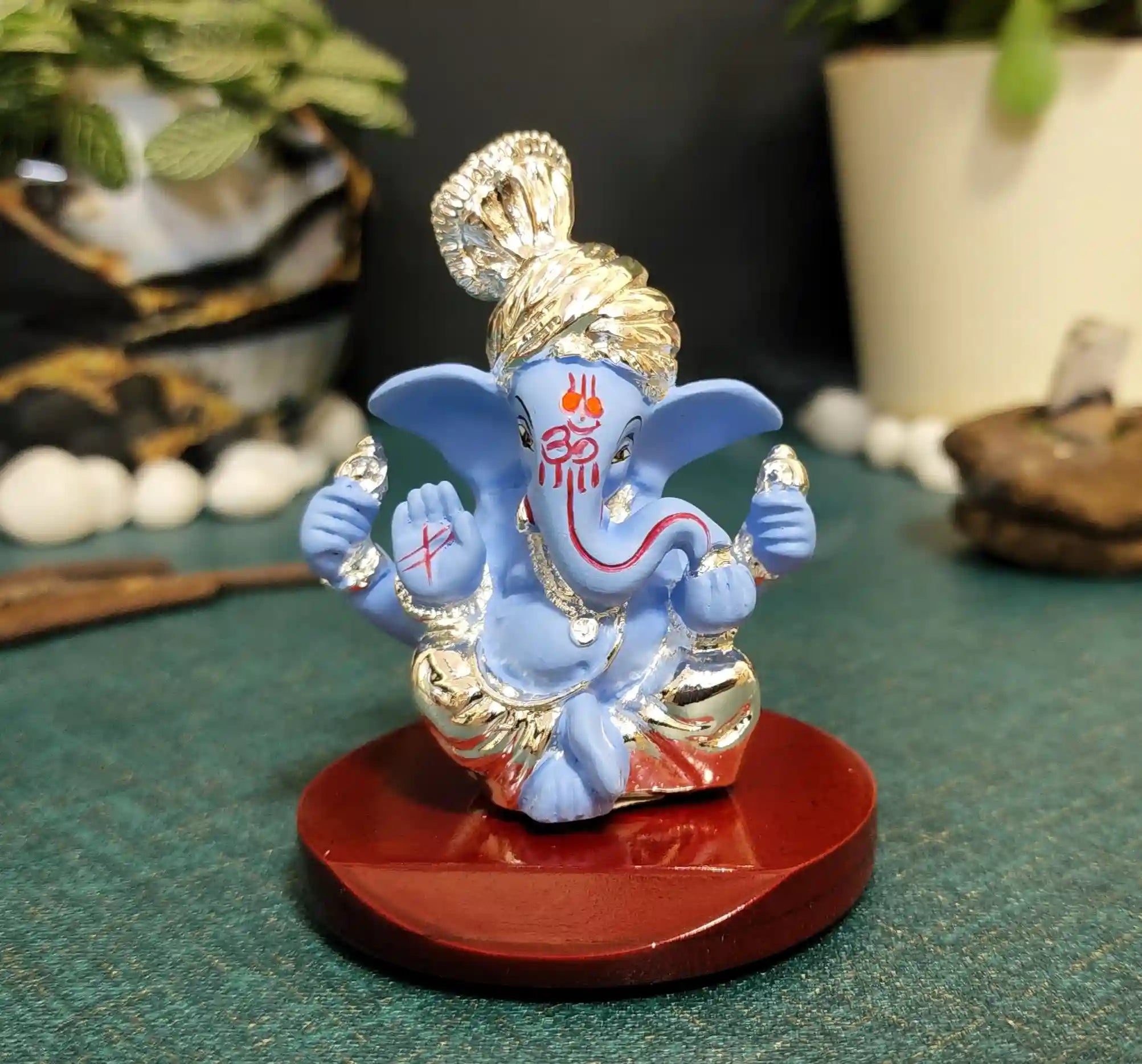 Front view of Blue Terracotta Pagadi Ganpati Idol with 999 silver plating – compact decorative statue for home and office.