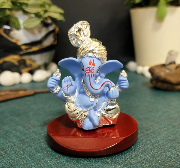 Pagadi Ganesha with MDF Base | 999 Silver Plated | for Car Dashboard | Office | Home| Gold Art India
