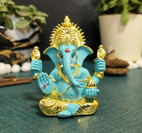FluroGreen Gold-Plated Ganesha Idol – 3.5 Inch Murti for Car Dashboard, Puja & Home Décor | Gold Art India