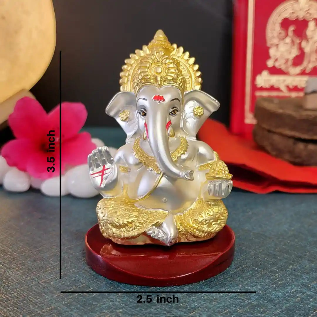 3.5 Inch Ganesh Idol – Gold and Silver Matte Finish on Wooden Base by Gold Art India